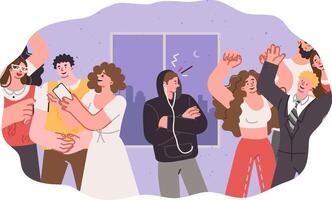 Introvert man stands alone in disco with dancing people and embarrassed to participate in party vector