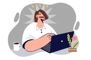 Mute woman office employee is ready to keep secrets when using computer, after signing nda contract vector