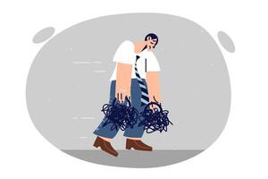 Depressed man with load of problems walks with head down and needs help of psychotherapist vector