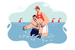 Man rescuer pulls body of drowned man out of water after breaking rules of swimming in sea vector