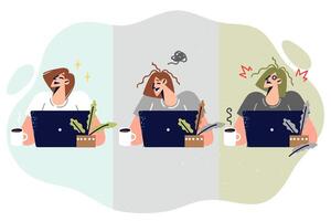 Woman office worker begins to suffer due to burnout and lack of rest or overdose of caffeine vector