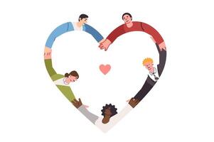 Friendly multinational people hold hands forming heart shape and demonstrate commitment to love vector