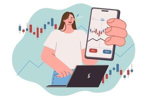 Woman with mobile trading application on phone shows display with stock exchange quotes vector