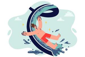 Man visitor to aquapark slides down high slide, enjoying summer holiday and opportunity to cool off vector