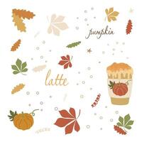 Set of pumpkin spice seasonal flavored products, coffee, latte. Autumn drink isolated on white background. Collection of Elements and Botany Illustration for Design Art, Invitation, Card, Decor vector