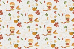 Pumpkin spice latte background, pumpkin Coffee and garden foliage, decorative seamless pattern. Autumn Seasonal Illustration with Botany elements and Warm Drink Isolated on White for template vector