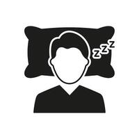 Man Sleeping on Pillow with ZZZ Symbol. Sleep Hygiene, Health, Rest and Bedtime Routine Glyph Pictogram. Isolated Illustration vector