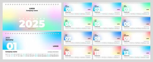 Desktop calendar template for 2025. Horizontal, page size 210x100 mm, English, background gradient. vector