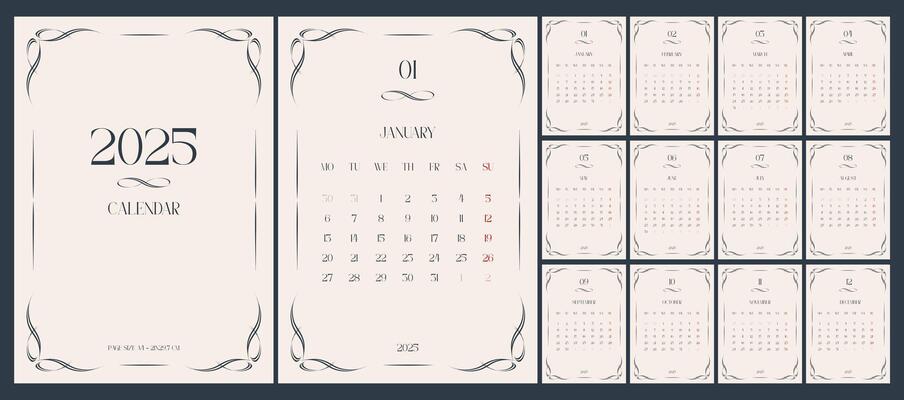 Calendar 2025. Retro, vintage, A4, English. Set of 12 pages and cover.