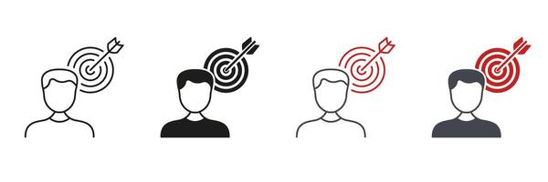 Human Strategy, Aim Focus Pictogram. Object Oriented Man Line and Silhouette Icon Set. Person with Goal. Dartboard Bullseye and Arrow, Target Symbol. Editable Stroke. Isolated Illustration vector