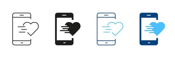 Like Button In Social Media App Line and Silhouette Icon Set. Smartphone With Heart Shape Pictogram. Notification Symbol. Online Communication Sign. Editable Stroke. Isolated Illustration vector