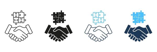 Handshake and Jigsaw Line and Silhouette Icon Set. Partnership, Relationship, Agreement Icon. Editable Stroke. Isolated Illustration vector
