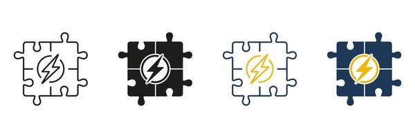 Brainstorming, Jigsaw Combination, Find Solution Line and Silhouette Icon Set. Teamwork Strategy Outline Sign. Editable Stroke. Isolated Illustration vector
