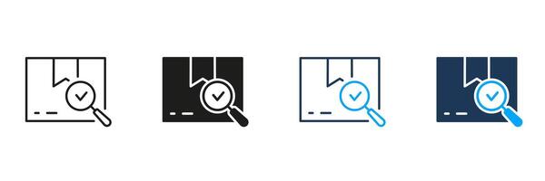 Checked Parcel Line and Silhouette Icon Set. Carton Box with Checkmark and Magnifier. Delivery Service Symbol. Quality Goods in Container Sign. Editable Stroke. Isolated Illustration vector
