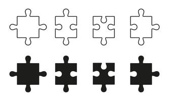 Puzzle Pieces Fit Line and Silhouette Icon Set. Teamwork, Idea, Logic Game, Combination Solution Concept. Editable Stroke. Isolated Illustration vector