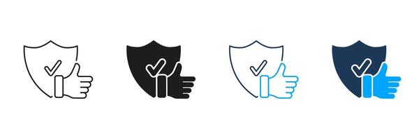Protection And Safety Line and Silhouette Icon Set. Thumb Up And Shield Pictogram, Safe Service Concept. Good Choice Symbol. Approved Security Sign. Editable Stroke. Isolated Illustration vector