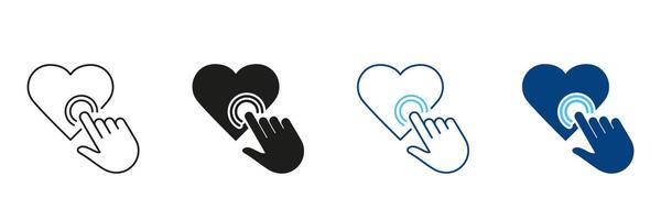 Finger Click The Heart Shape Button Line and Silhouette Icon Set. Human Hand Tap On Heart Pictogram. Like Sign For Social Media. Editable Stroke. Isolated Illustration vector