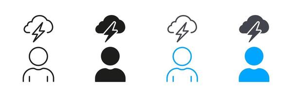 Man Brainstorming Line and Silhouette Icon Set. Thunder Storm with Cloud and Lightning. Creativity Think, Strategy Solution Symbol. Editable Stroke. Isolated Illustration vector