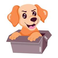 Basic RGBA flat style sticker of puppy playing in box vector