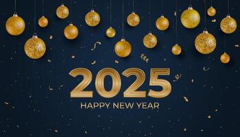 2025 Happy New Year realistic background with golden baubles and confetti vector