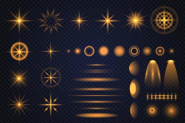 Golden transparent light effect collection. Star, flare, sun, sparkles, spotlight and neon laser glow lines