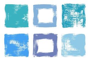 Grunge blue texture square box frames set. Grungy rough painted rectangular shapes. vector