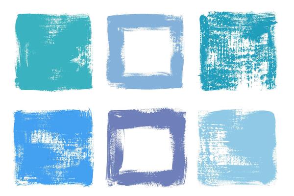 Grunge blue texture square box frames set. Grungy rough painted rectangular shapes.