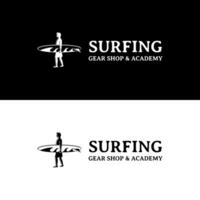 A surfer holding surfboard for surf gear shop and school academy logo design vector