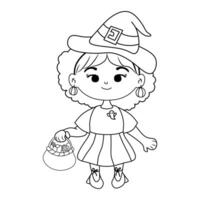 a coloring page with a girl dressed as a witch holding a basket of candy vector