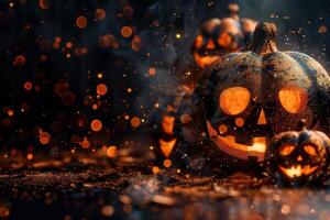 Glowing jack-o'-lanterns in eerie Halloween night scene photo