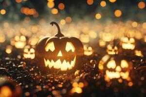Glowing jack-o'-lanterns in eerie Halloween night scene photo