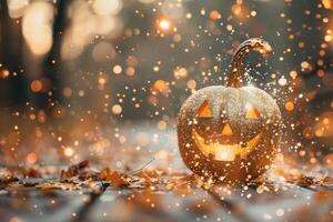 Glowing jack-o'-lanterns in eerie Halloween night scene photo