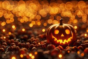 Glowing jack-o'-lanterns in eerie Halloween night scene photo