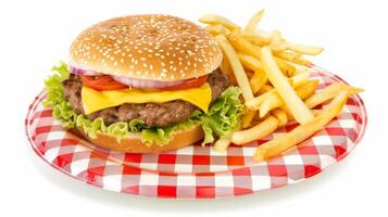 Cheeseburger with Fries on Checkered Plate photo