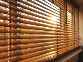 Sunlit window with indoor plants and blinds photo