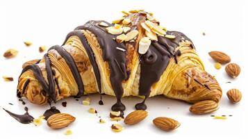 Chocolate-drizzled croissant with almonds on white background photo