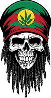 Illustration of a rasta skull with braids and a hat with a marijuana leaf. vector