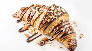 Chocolate-drizzled croissant with almonds on white background photo