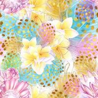 Seamless tropical pattern with pink protea flowers and colorful feathers. Watercolor drawing. luxury, romantic design. Ideal for printing, factory, scrapbooking vector