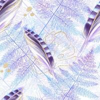 Seamless purple forest pattern with pheasant feathers and fern leaves. Watercolor drawing. Ideal for textiles, packaging, printing. vector