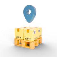 Boxes stacked on top of pallets with location icon on top, 3D icon with logistic transportation concept png