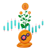 3d transparent render of mechanism of investing in stocks to generate returns and profits with metaphor of growing coins and plants. Can be used for banking, financial sector, fintech apps, economic png