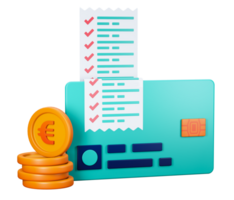 3d render of credit cards in pile of coins and receipts that are checked for financial wish list that is obtained from debt. Can be used for banking, financial sector, fintech apps, economy png