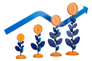 3d transparent render of financial investment with the metaphor of coin growing and producing other coins as profit or return. Can be used for banking, financial sector, fintech apps, banners, economy png