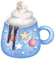 Watercolor Cute Hand Drawn blue Christmas Mug with cocoa whipped cream and cinnamon. Illustration with Festive Holiday Design for Cozy Art png