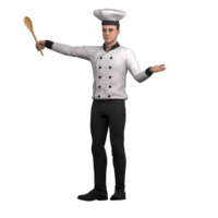 professionnel chef 3d art. une Masculin chef est permanent avec un main en portant une en bois cuillère, tandis que le autre main est ouvert comme si accueillant une invité. Masculin personnage png