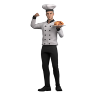 Professional Male Chef in 3D. A male chef is standing with his left hand holding a plate containing a chicken ingkung dish while his right hand is raised with clenched fingers. Kitchen Dynamics png