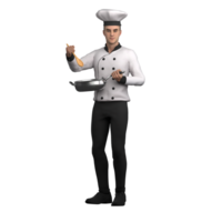 Male Chef in Action. A male chef stands holding a pan with his left hand, while his right hand holds a wooden spoon. 3D Culinary Scene png