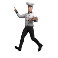 of a Culinary Expert. A male chef is running to the right while holding a plate containing a dish, while his hand is raised with his index finger extended. Male Chef png