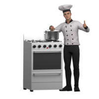 Animated Professional Chef. A male chef stands to the left of a freestanding cooker while his right hand stirs the contents of a cauldron while his left thumb is raised. 3D Male png